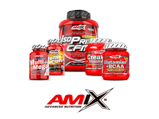 Varios suplementos deportivos de la marca Amix en envases rojos, incluyendo proteína, creatina y glutamina.
