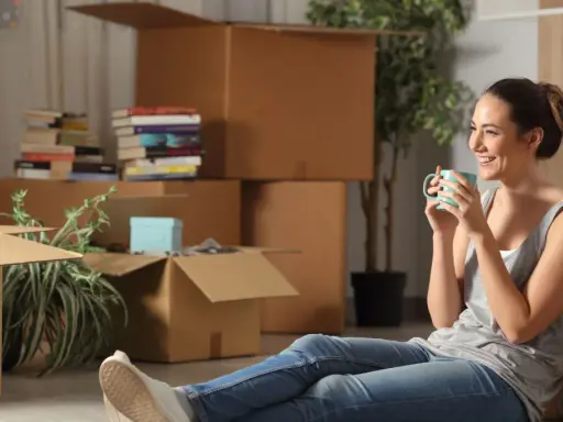 Une femme boit une tasse de café, entourée de nombreux cartons de déménagement.