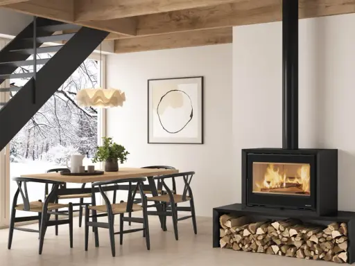Estufa de leña moderna con fuego encendido, ideal para aprender como hacer calefacción con estufa de leña en un hogar acogedor.