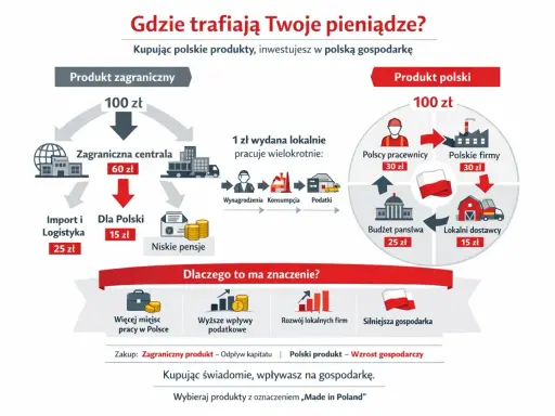 Porównanie wydatków: 100 zł na produkt zagraniczny vs. polski. Kupując polskie produkty, wspierasz polskie firmy, pracowników i budżet państwa.