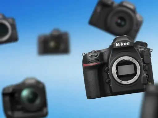 Wybór aparatu lustrzanki: kilka modeli Nikon w powietrzu, w tym D850.