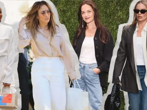 Four women showcase dressy casual looks: a white suit, a silk blouse with white pants, a cardigan with patterned jeans, and a blazer with a white top and jeans.