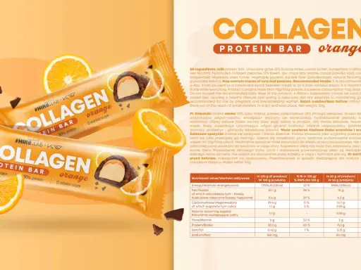 Pomarańczowy baton proteinowy z kolagenem, z kawałkami czekolady i pomarańczy. Idealna przekąska, gdy liczy się mieszanka krakowska kcal.
