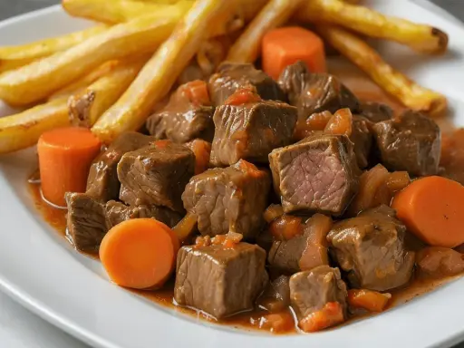 Tierna ternera en salsa con patatas fritas y zanahorias. Un plato reconfortante y delicioso.