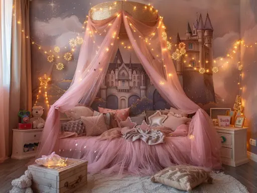 Lit de princesse féerique avec baldaquin rose, guirlandes lumineuses et château en arrière-plan. Une belle idée déco lit cabane pour un rêve enchanté.