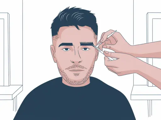Un homme se fait tailler le trait sourcil par une main tenant une pince à épiler et un peigne.