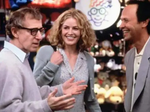 Il cast di Harry a pezzi, Woody Allen, Sharon Stone e Billy Crystal ridono in un negozio di giocattoli.