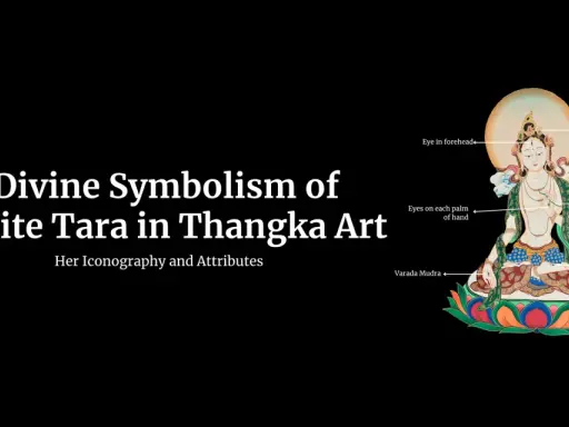 En detaljerad thangka-målning av White Tara, med förklaringar av hennes ikonografi och symbolik, inklusive lotusblomman och hennes mudras.