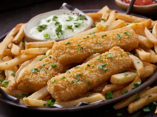 Knusprige Fischstäbchen und Pommes Frites, perfekt paniert ohne Ei, serviert mit einer cremigen Dip-Sauce und frischer Petersilie.