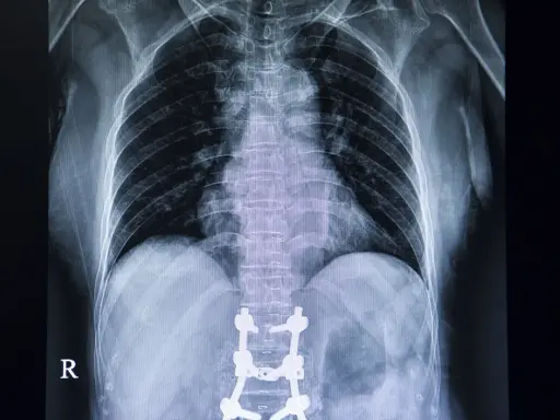 Rentgen klatki piersiowej po operacji kręgosłupa. Widoczny stabilizujący kręgosłup implant.