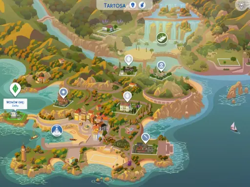 Mapa Tartosa w The Sims 4: malownicza wyspa z domami, plażami i wodospadami.