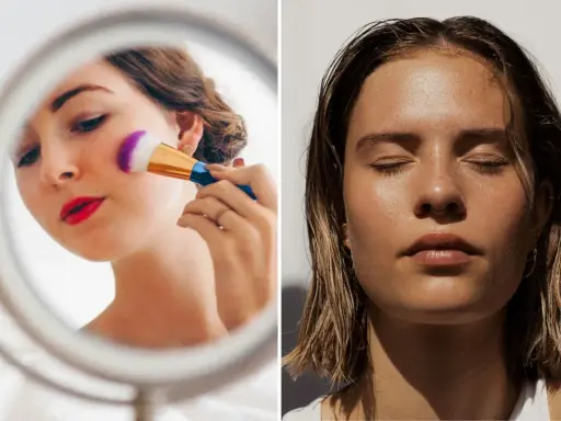 Ragazza si trucca con pennello viola e bianco, labbra rosse. Pelle luminosa e bagnata, un esempio di come truccarsi in estate.