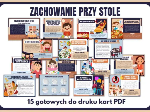 Karty z zasadami savoir-vivre przy stole, uczące jak reagować na zaczepki i zachować kulturę jedzenia.