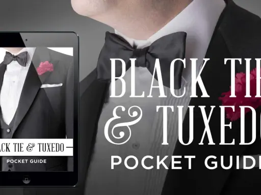 A tablet displays a guide to black tie attire for men, featuring a tuxedo with a bow tie and boutonnière.