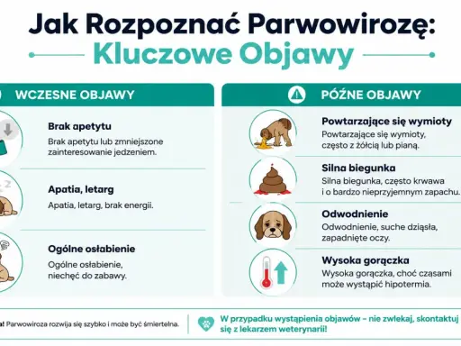 Objawy parwowirozy u psa: brak apetytu, apatia, wymioty, biegunka, odwodnienie, gorączka. Szybka reakcja jest kluczowa.