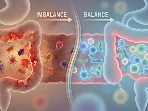 Illustrazione che mostra cos'è la disbiosi intestinale: un intestino con batteri dannosi (sinistra) e uno sano con batteri benefici (destra).