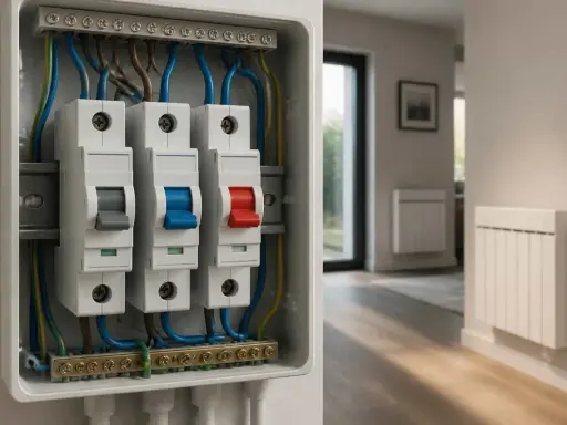 Boîtier électrique avec disjoncteurs, dont un pour le disjoncteur volet roulant, dans un intérieur moderne.