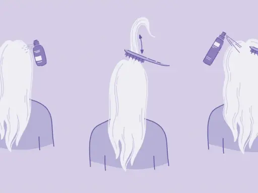 Ilustracja pokazuje kroki do tapirowania włosów: spryskanie, podniesienie pasma grzebieniem i delikatne cofanie, a następnie ponowne spryskanie.