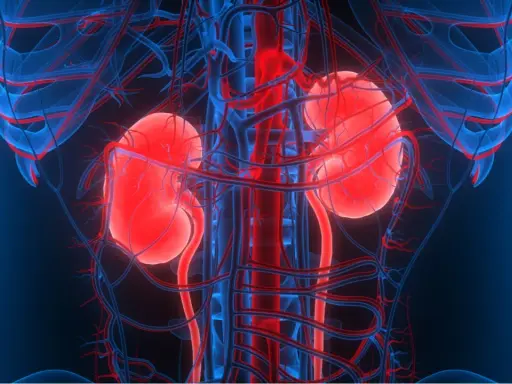 Anatomia nerek z naczyniami krwionośnymi. Czerwone nerki i aorta, niebieskie żyły. Wizualizacja może sugerować 4 stadium niewydolności nerek.