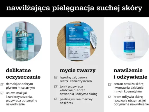 Pielęgnacja nawilżająca dla skóry suchej: płyn micelarny, maska-kompres i serum. Pomaga zwalczyć przesuszona skóra twarzy.