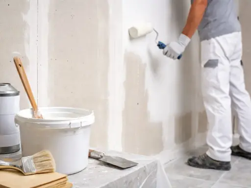 Un peintre applique une couche de peinture sur un mur en Fermacell. Matériel de peinture à proximité.