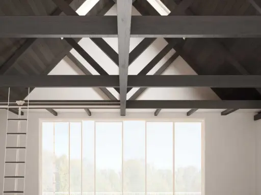 Idée peinture poutre plafond : poutres sombres contrastant avec un plafond blanc, créant un effet visuel saisissant.