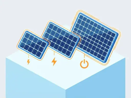 Trois panneaux solaires de tailles différentes sur un cube bleu, symbolisant l'énergie et les conditions STC.