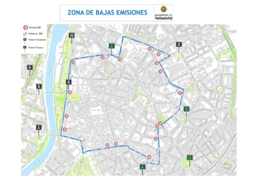 Mapa de la ZBE Valladolid: ruta delimitada, entradas/salidas y paneles informativos.