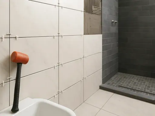 Herramientas para alicatar suelo de baño. Mazo de goma naranja junto a azulejos blancos y grises en proceso de instalación.