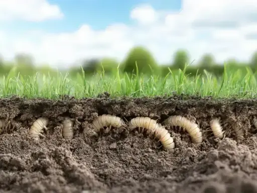 A cross-section of soil reveals a cluster of white grubs burrowing beneath lush green grass. Is it too late to treat for grubs?