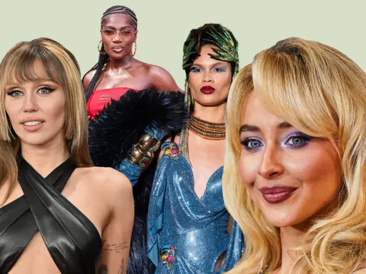 Miley Cyrus, a woman with braids, and two other women with bold makeup and fashion embody a glamorous, yet clean girl aesthetic.