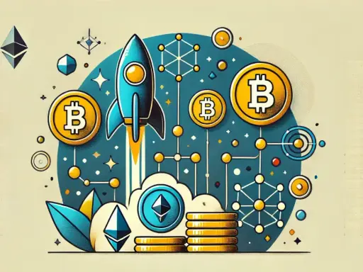 Rakieta startuje, symbolizując potencjał kryptowalut. Bitcoin i Ethereum unoszą się w tle, a sieć połączeń sugeruje, czym jest launchpad w świecie krypto.