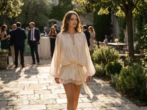 Mujer con vestido vaporoso camina en un jardín, inspirando estilos de boda bohemios y elegantes.