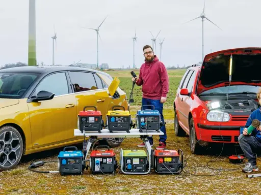 Dwóch mężczyzn testuje, jak samochód jako agregat prądotwórczy zasila sprzęt. W tle wiatraki.