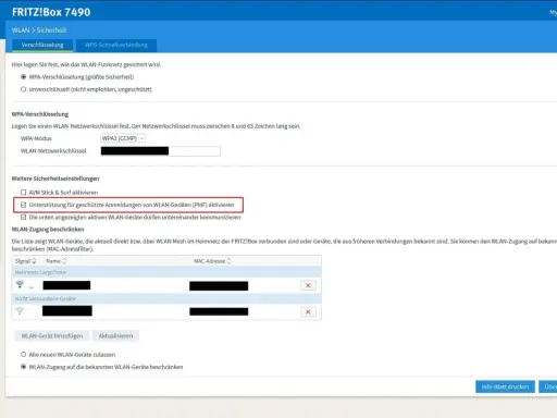 FRITZ!Box Sicherheitseinstellungen: WPA2-Verschlüsselung aktiviert, PMF-Unterstützung für sichere WLAN-Anmeldungen.