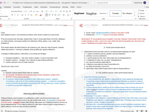 Gotowy wzór polityki prywatności dla lokalnych firm. Dokument zawiera kluczowe informacje o przetwarzaniu danych osobowych, zgodny z prawem.