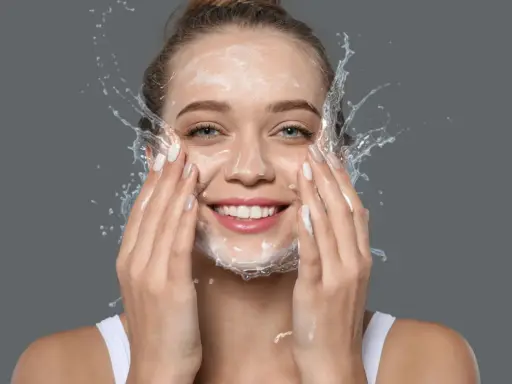 Mujer sonriente con espuma y agua en la cara, disfrutando de su rutina de doble limpieza.