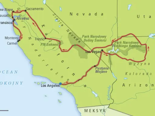 Mapa pokazuje trasę przez Kalifornię, Nevadę i Arizonę, gdzie leży Las Vegas, między parkami narodowymi i pustynią Mojave.