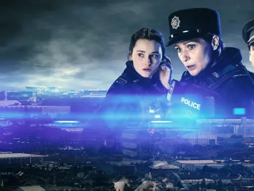 Poliser i uniform över en stadssiluett, upplyst av blåa ljus.