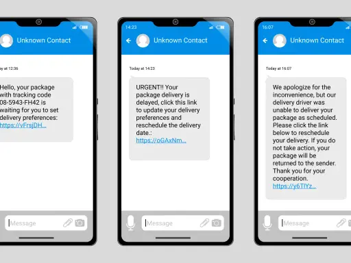 Drei Handys zeigen Nachrichten von "Unbekanntem Kontakt" über Paketlieferungen. Die Nachrichten sind Beispiele für Smishing-Phishing-Versuche, die Nutzer zum Klicken auf Links verleiten sollen.