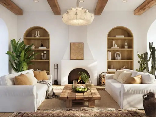 Przytulny salon w stylu balijskim z białymi sofami, drewnianymi belkami i palącym się kominkiem. Rośliny i naturalne materiały tworzą relaksującą atmosferę.