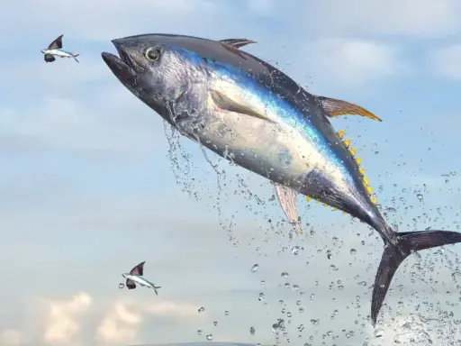 Un tonno pescato in Italia salta fuori dall'acqua, inseguito da pesci volanti.