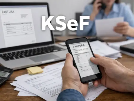 KSeF ułatwia rozliczenie faktur i podatek VAT. Na ekranie telefonu i laptopa widać faktury.