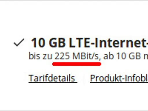 10 GB LTE-Internet-Flat mit bis zu 225 MBit/s. Die mb/s bedeutung hier ist Megabit pro Sekunde, eine Angabe zur Geschwindigkeit.