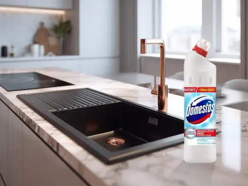 Domestos na zatkany zlew. Nowoczesna kuchnia z czarnym zlewem i złotą baterią, obok butelka Domestos.