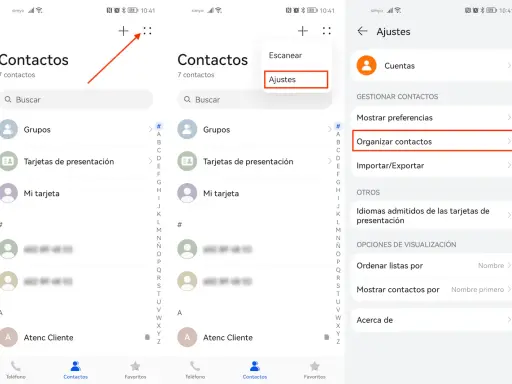 Jak przywrócić kontakty z kosza? Kliknij "Ajustes" (Ustawienia), a następnie "Organizar contactos" (Organizuj kontakty).