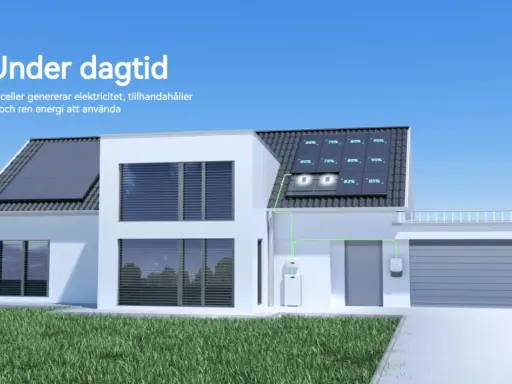 Ett modernt hus med solceller på taket som genererar och lagrar el. Grön energi för ett hållbart hem.