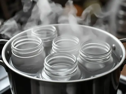 Fünf leere Glasflaschen werden in einem Topf mit kochendem Wasser sterilisiert, um sie für die Konservierung vorzubereiten.
