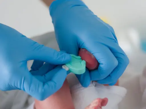 Mani con guanti blu eseguono il test di Guthrie su un neonato, raccogliendo una goccia di sangue dal tallone.