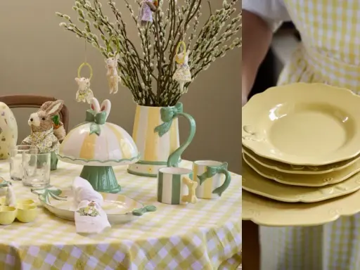 Härlig påskdukning inspiration med gula och gröna detaljer. En dukning med påskägg, kaniner och videkissar.